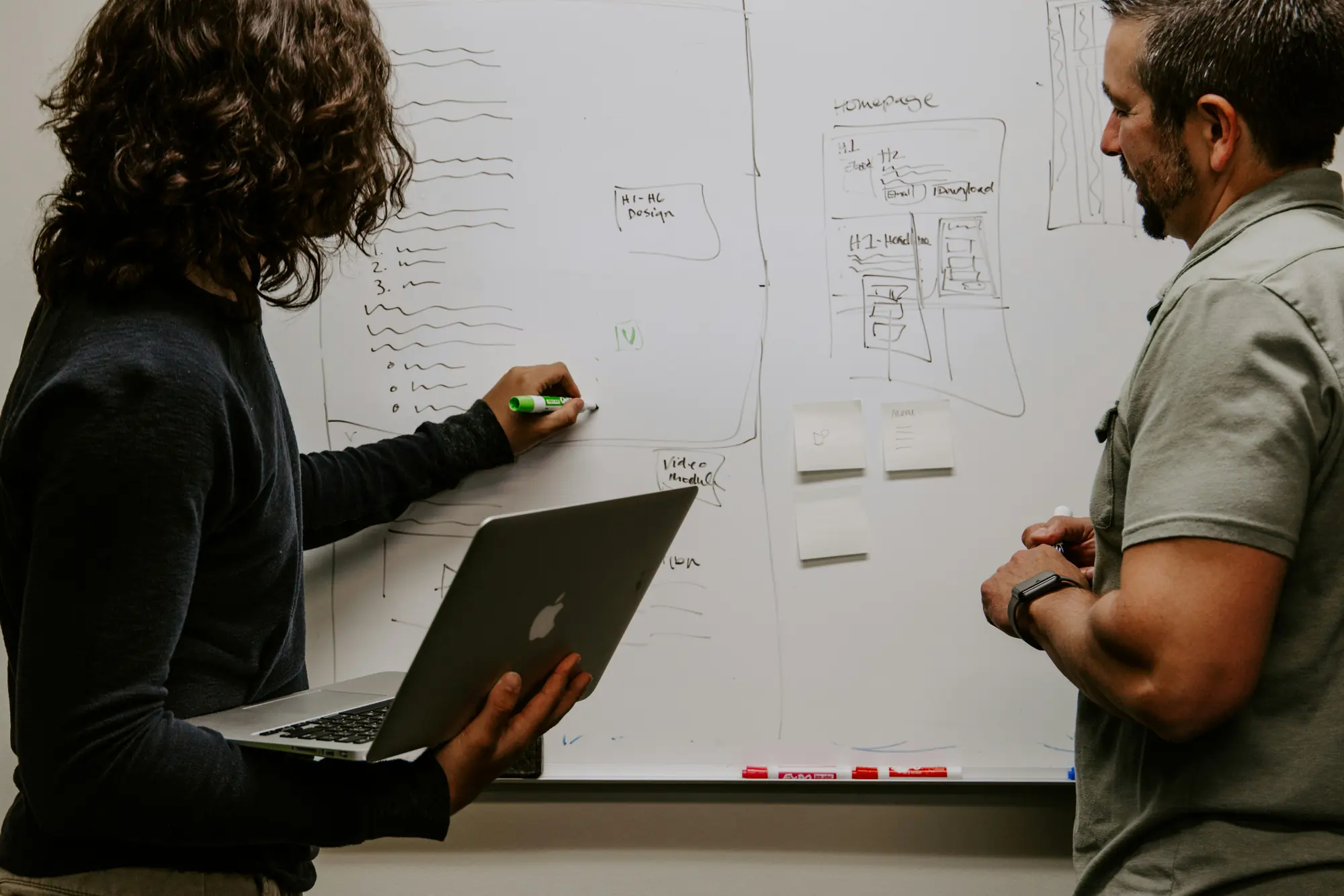 Two colleagues sketching a plan on a whiteboard